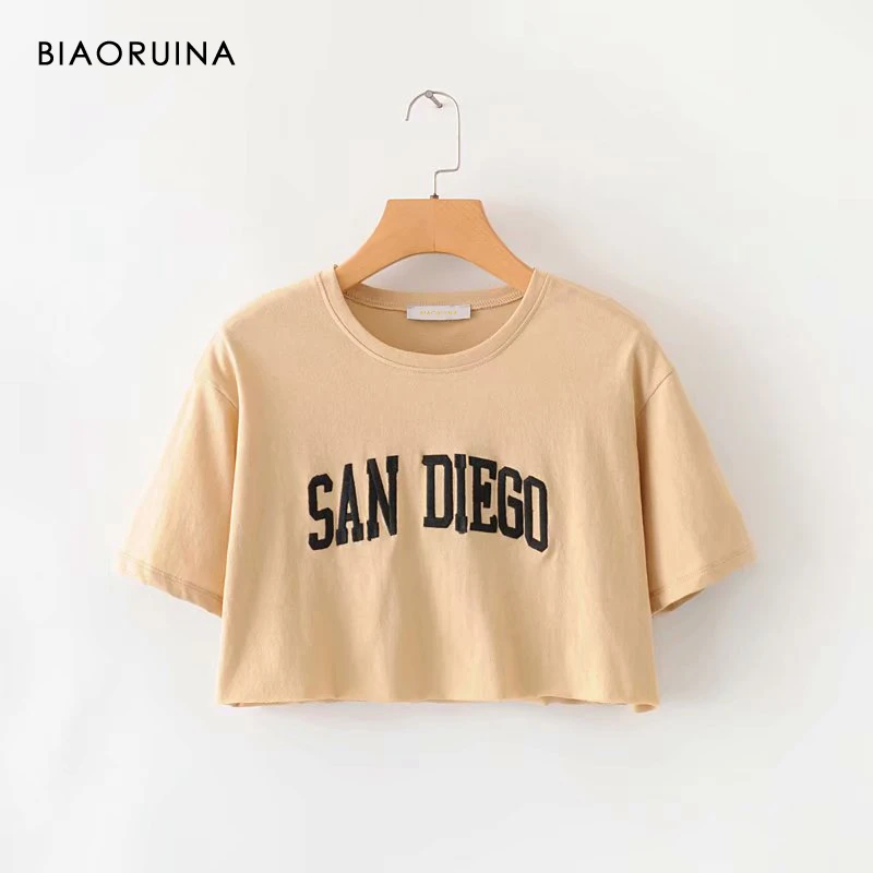 Женская Повседневная футболка BIAORUINA С Вышивкой Букв женский летний модный кроп