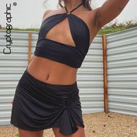 cryptographic halter sexy crop top and mini skirts two piece rave festival matching set fashion outfits sleeveless womens set