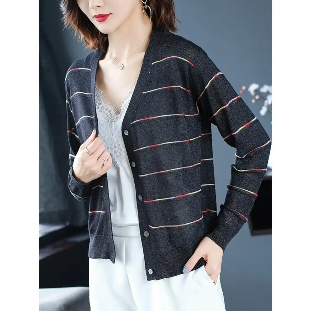 

Spring Autumn Cardigan Women Vintage Soft Striped Long Sleeve Single Breasted New Fashion Knitted Sweater Female Outwear M58