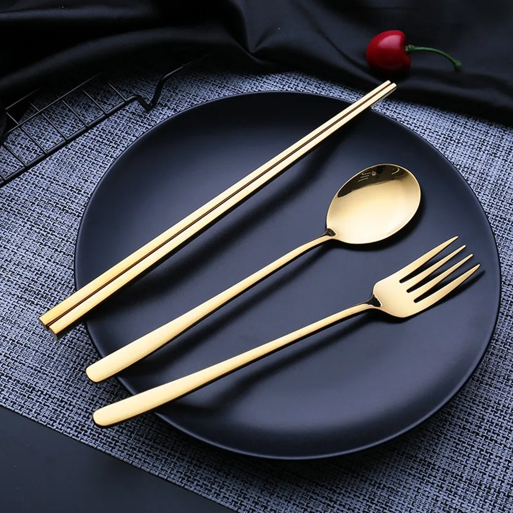 

Portable Stainless Steel 304 Korean Style Spoon Fork Chopsticks 3-Pieces Set Gold Black Silver Cutlery Set Kitchen Tableware Set