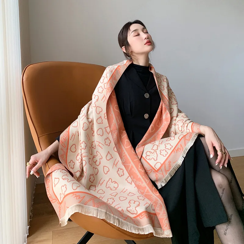 

Double-sided Printing Scarf Woman New Imitation Cashmere Love Cartoon Bear Autumn and Winter Dual-use Shawl Fashion Warm Scarf