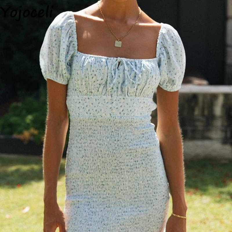 

Yojoceli Sexy short floral print dress 2021 Summer female backless puff sleeve vestidos party empire casual elegant dress women