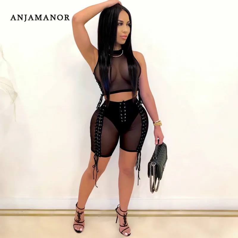 

ANJAMANOR Sexy 2 Piece Set Black Sheer Mesh Crop Top Lace Up Biker Shorts Bandage Romper Jumpsuit Club Outfits D42-CH23