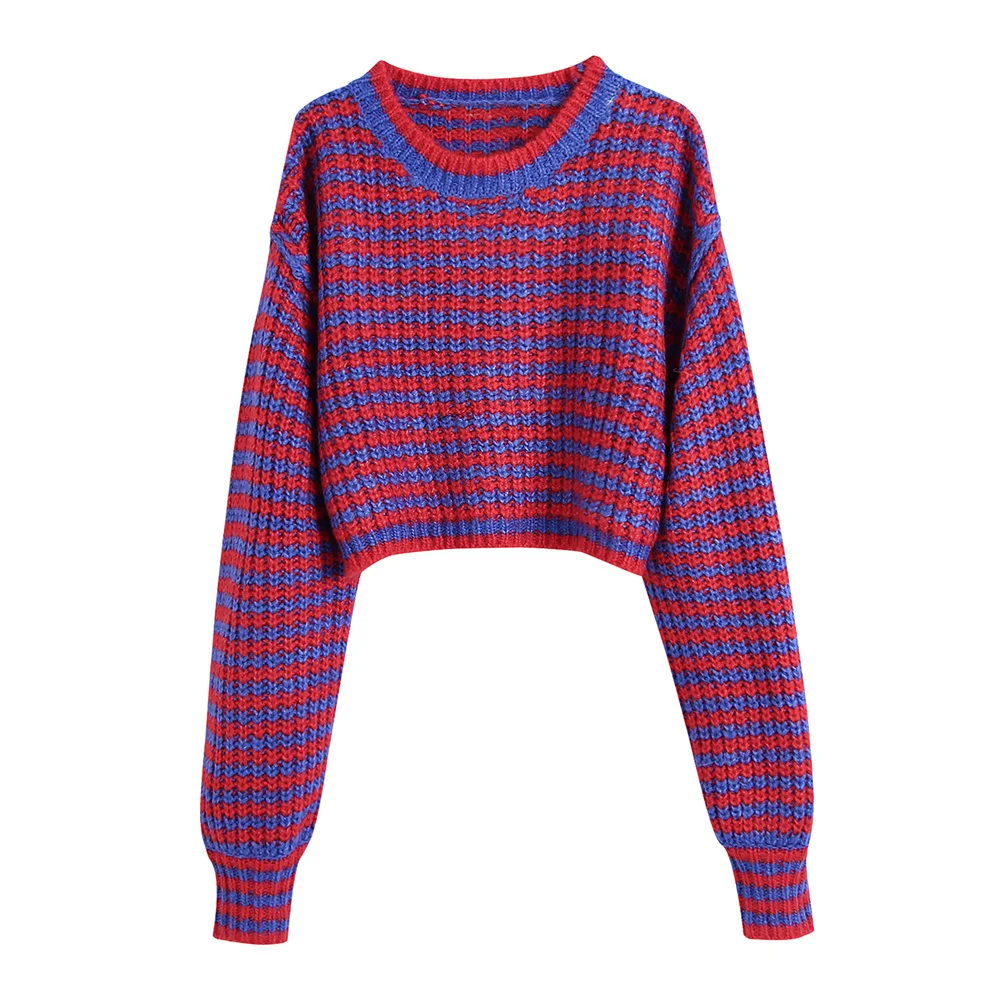 

BLSQR винтажные шикарные свитера для женщин в полоску, элегантный укороченный свитер, топы для женщин, 2021, круглый вырез, повседневный модный с...