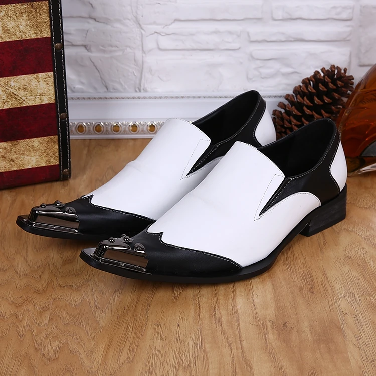 

Black White Color Men Quality Leather Dress Oxford Iron Toe Spike Shoes Matal Classical Business Shoes Sapato Masculino Social