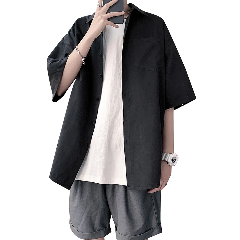 

Hip Hop Fashion Brand Loose Base Solid Color Tooling Short Sleeve Black Shirt Men's Dark Blue Half Sleeve Shirt Solid Shirts