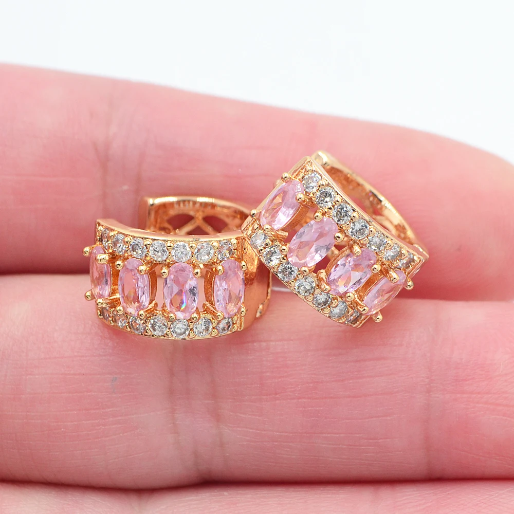 

Gold Color Women Lovely Pink Cubic Zirconia CZ Huggie Hoop Earrings Jewelry