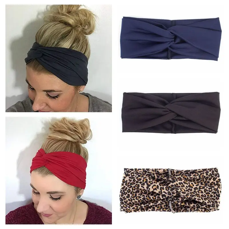

Fashion Women Headband Leopard Solid Cross Knot Hair Band Lady Girls Twist Elastic Hairband Yoga Turban Hair Accessories