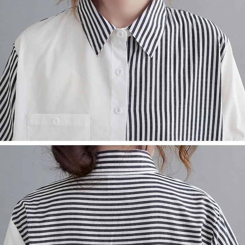 

Oversized Women Cotton Casual Shirts New Arrival 2021 Summer Fashion Patchwork Striped Loose Female Short Sleeve Tops S3788