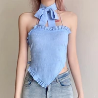 2021 summer fashion womens new solid color bandage bowknot tube top halter slim sexy vest with wooden ears women clothing blue