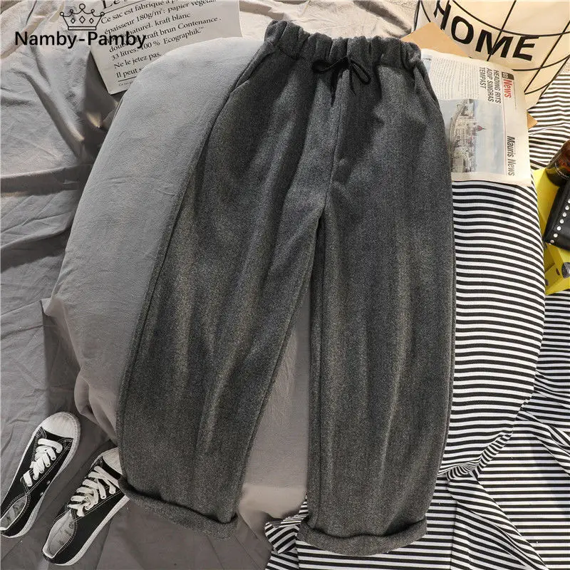 

Winter Wide Leg Pants Women Office Lady Oversize Woolen Warm High Waist Trousers For Female Jokers Black Korean Style