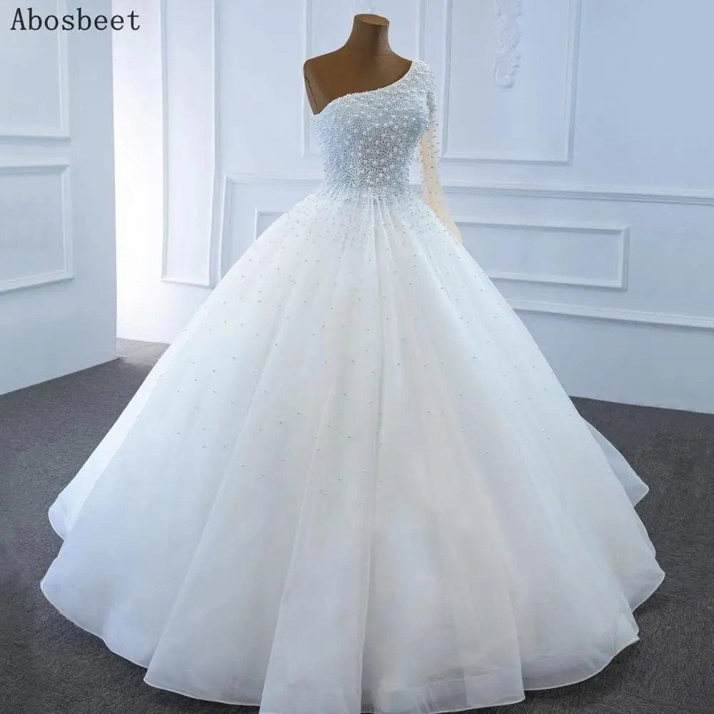 DD JYOY Heavy Pearl Beading One Shoulder Ball Gown Wedding Dress 2020 Fashion Wedding Gown White Floor Lenght Lace Up Back