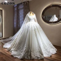 luxury wedding dresses for women ball gown puffy long sleeve tulle lace beading crystal diamond formal vintage bride gowns co95