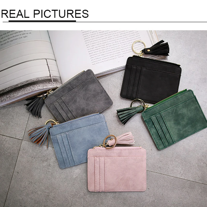 Matt Leather Mini Tassel Women Card Holder Cute Credit ID Card Holders Zipper Wallet Case Change Coin Purse Keychain Nubuck New