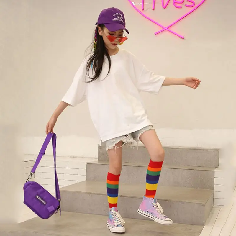 

Children Rainbow Sport Socks Kids Boys Girls Colorful Striped Knee Mid High Tube Stockings
