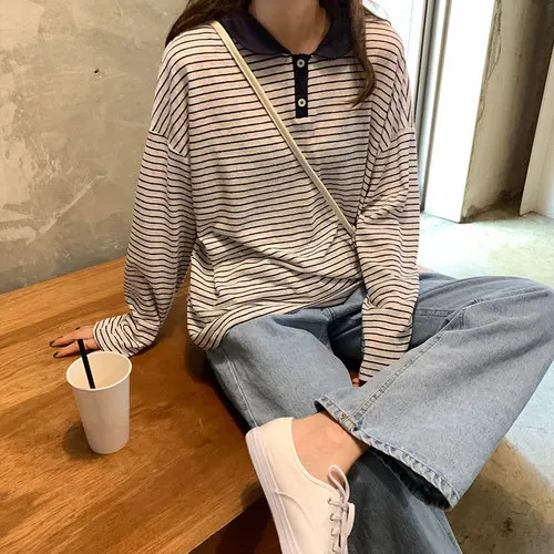 Simple Button Line Red White Striped Casual Patchwork Fresh Regular Long Sleeve All Match Hit Koren Style Female Polo Shirts |