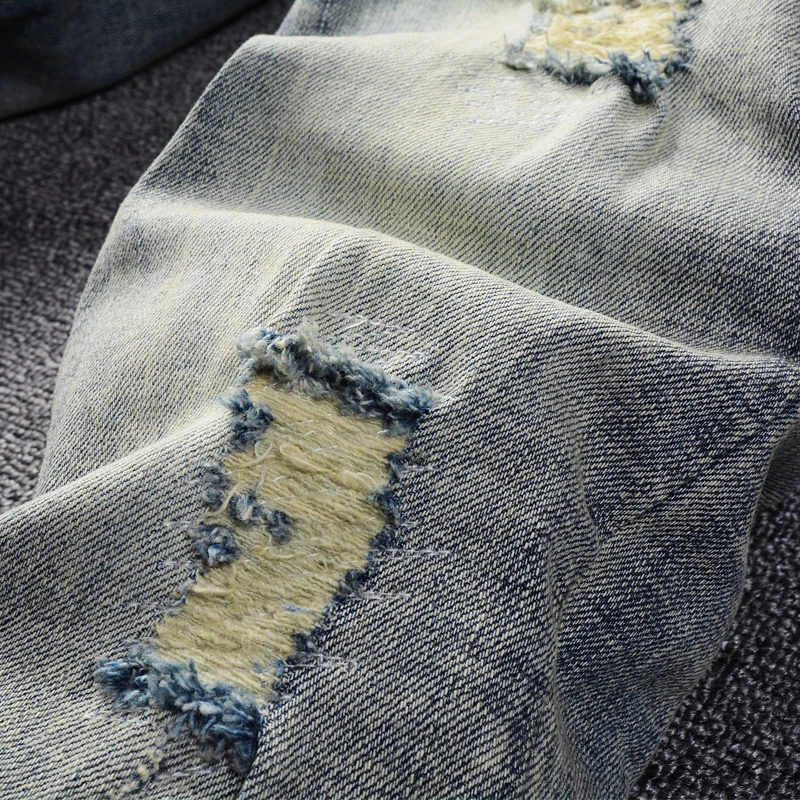 European Vintage Fashion Men Jeans Retro Blue Elastic Slim Fit Ripped Jeans Men Streetwear Designer Destroyed Denim Punk Pants