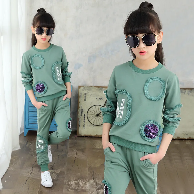 Teen Girls Clothes Set Sequin Baby Clothes Long Sleeve Tops+Pants 2 PCS Kids Tracksuit Girls Sports Suits Children Clothing 2019 spring new girls fashion crown velvet suit children s fall sports clothing set kids clothes hooded coat pants 2 pcs x131