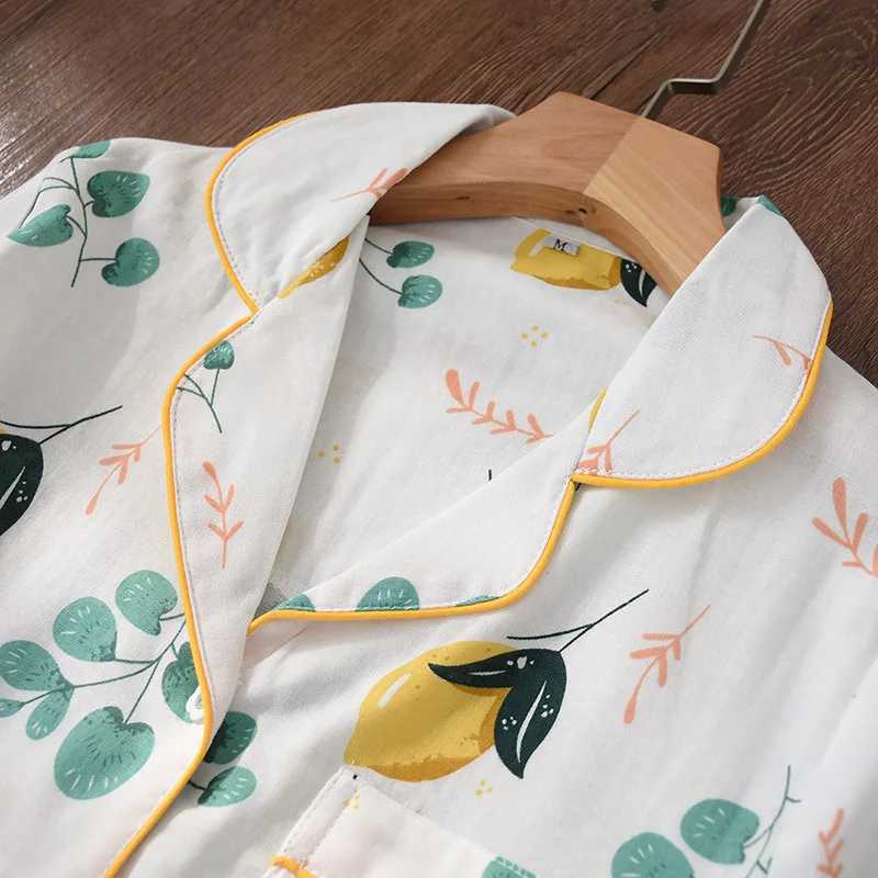 

100% Gauze Cotton Cat Cartoon Print Women Pajamas Turn-Down Collar Plaid Soft Loose Harajuku Kawaii Spring Female Sleepwear New