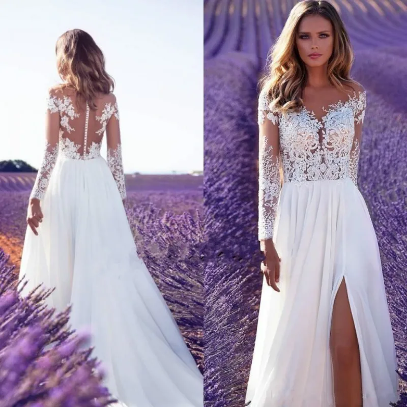 

2021 new Cheap Bohemian lace Bridal gown Beach Sheer Neck Appliques Wedding dress with long sleeves Backless Bridal gown Robe De