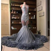 luxury prom dresses crystal beaded sequined feather o neck sleeveless sexy mermaid party evening dress robe de soir%c3%a9e femme
