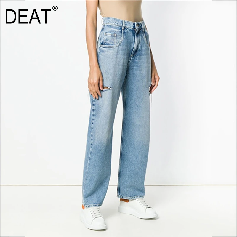 Женские джинсы с высокой талией DEAT длинные джинсовые брюки потертостями весна