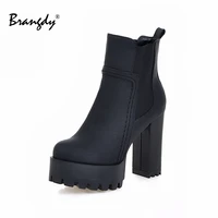 brangdy concise women thick heel pumps pu platform round toe elastic women shoes splicing women winter ankle boots mixed colors