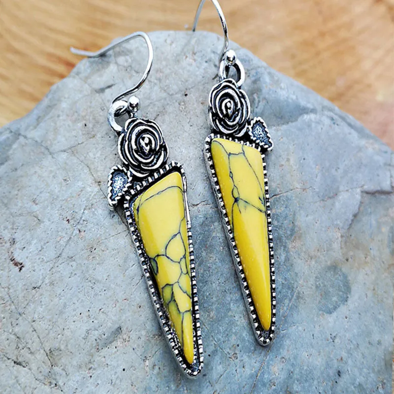 Yellow Resin Bohemian Triangle Drop Earrings - Vintage Retro Flower Long Pendant for Women image 3