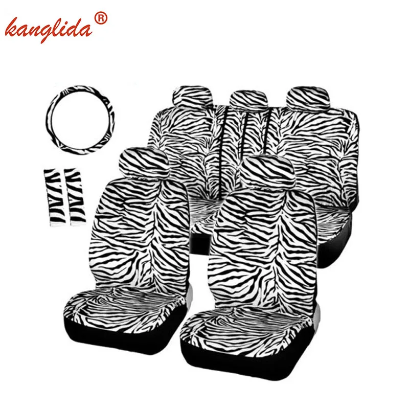 

KANGLIDA Short Plush Luxury Zebra Seat Covers Universal Car Set Fit Car Seats Steering Wheel Cover Shoulder Pad White Seat Cover