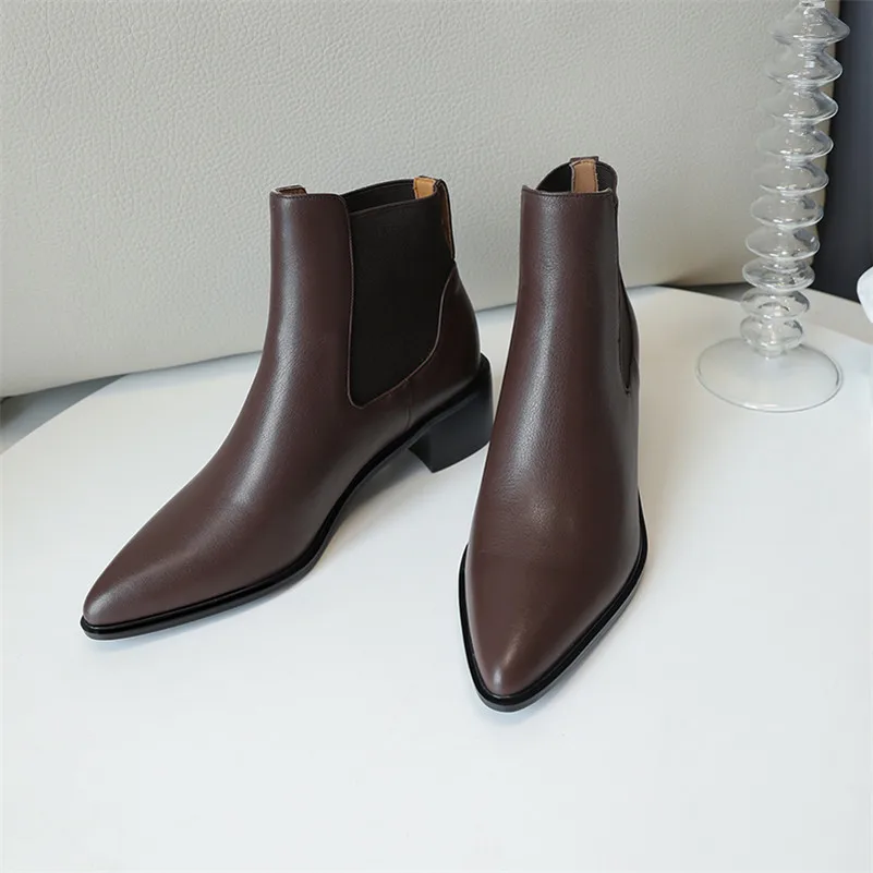 

Meotina Chelsea Boots Women Shoes Real Leather Block Heels Short Boots Pointed Toe High Heel Slip On Ankle Boots Autumn Winter