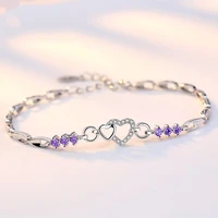 2021 new trendy korean silver plated bracelet for women whitepurple zircon hollow heart female jewelry birthday party gifts