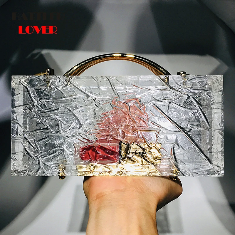 

Women 2020 Fashion Clear PVC Clutch Handbag Female Transparent Acrylic Cuboid Shape Evening Party Feminine Chain Messenger Flaps