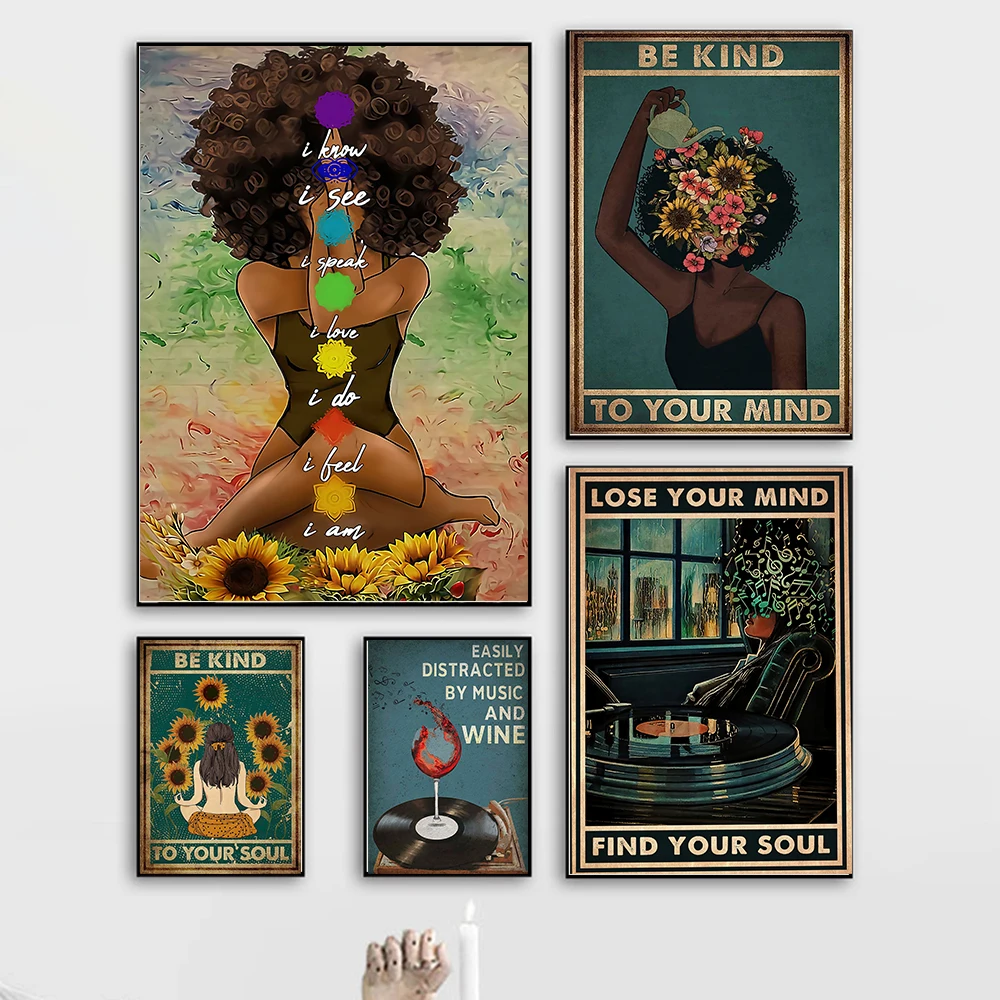 

Yoga Poster Be Kind To Your Soul Art Print Vintage African AmericanWoman Funny For Bathroom Canvas Painting Home Decor Living
