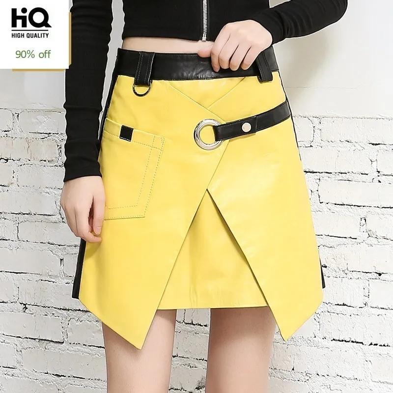 2020 Осень Зима Новинка натуральная кожа желтая А силуэт юбки женские тонкие Harajuku