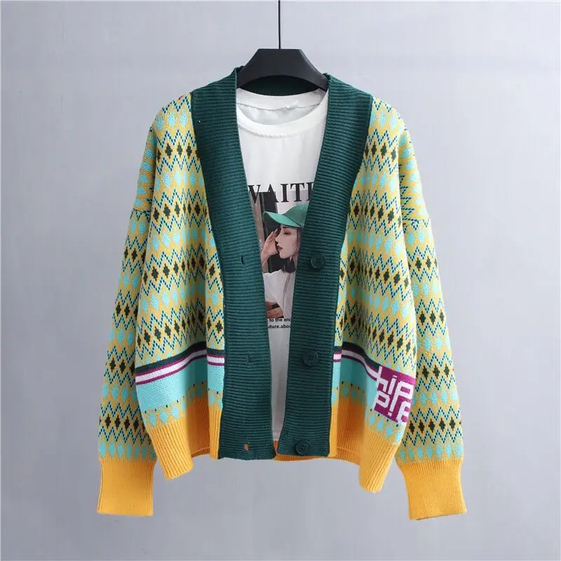 

Cardigans Autumn Winter Clothes Red Sweater 2021 Fashion Long Sleeve Loose Casual V Neck Plaid Argyle Knitted Outwear Ladies Top