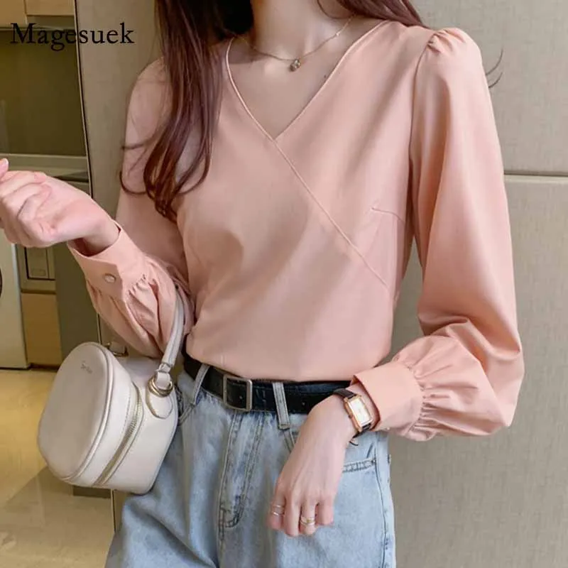 

Элегантное платье для женщин с v-образным вырезом, 2020 осень с пышными рукавами блузка с узором, надевается через голову модные красивые женс...