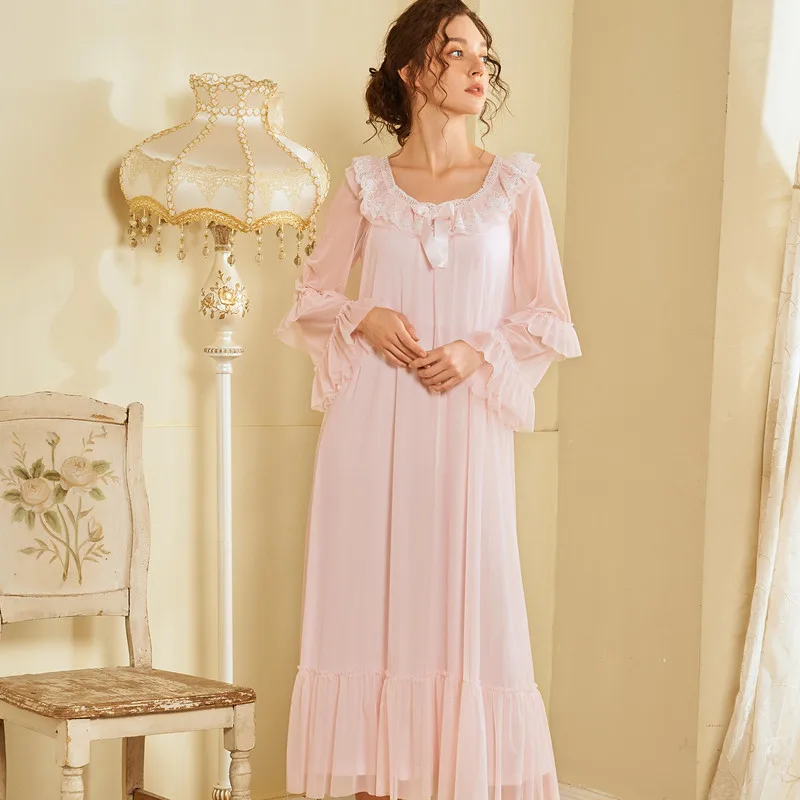 

Autumn New Princess Style Long Nightdress Women's Long-Sleeved Loose Thin Sexy Nightgowns Sleepshirts Lace Leisure Tops