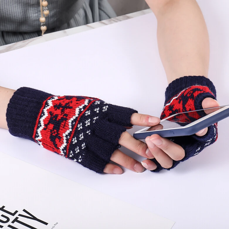 Осенне зимние женские вязаные перчатки без пальцев милые рождественские для