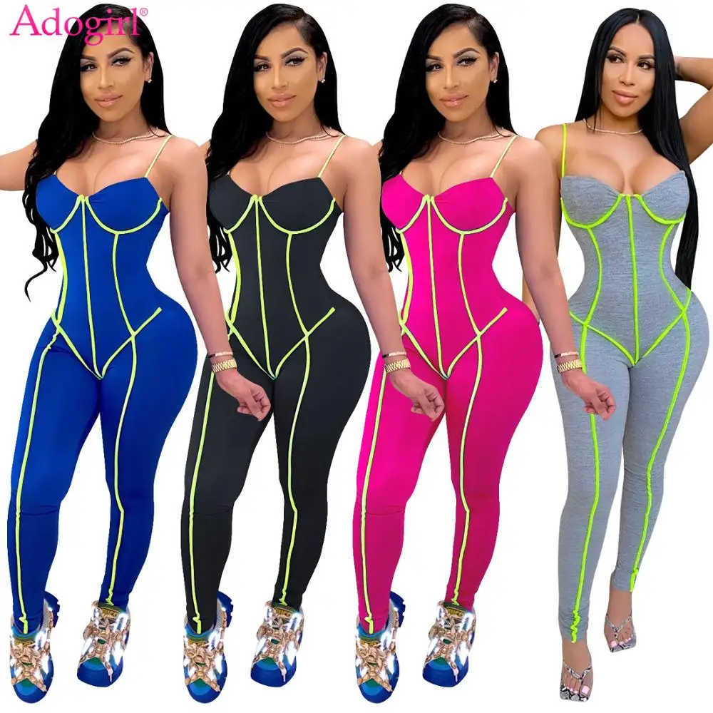 

Adogirl Sexy Striped Patchwork Jumpsuit Fashion Spaghetti Straps Bodycon Romper Pencil Pants Fashion One Piece Jogging Overalls