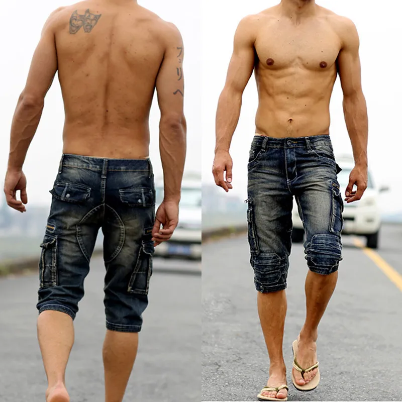 Men Summer Retro Cargo Jeans Shorts Casual Bermuda Homme Male Fashion Washed Denim Pant Men Shorts Big Pocket Cropped Jean