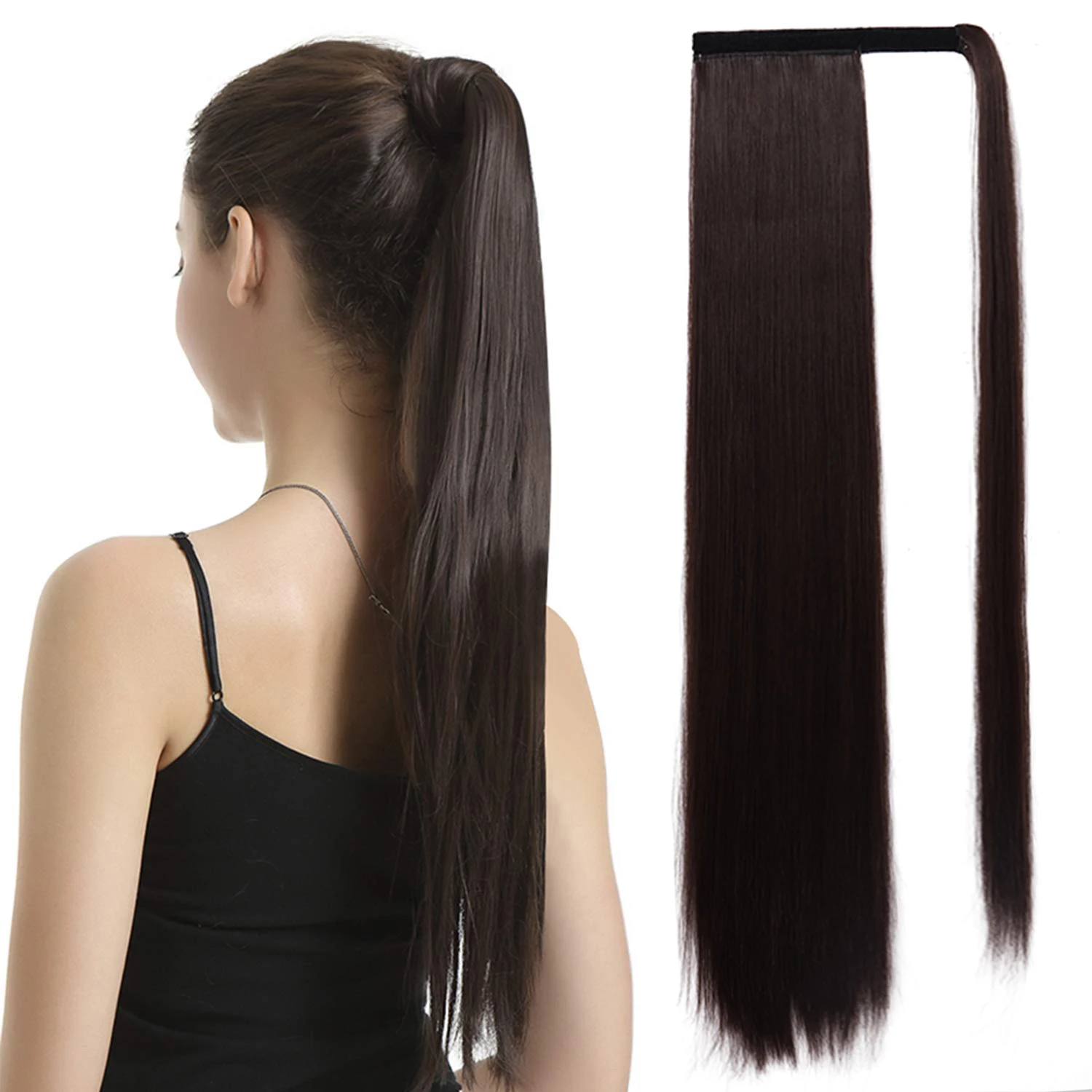

LISIGIRL Long Straight Synthetic Ponytail Clip In Hair Extension Daily Party Black Fake Hairpiece For Women