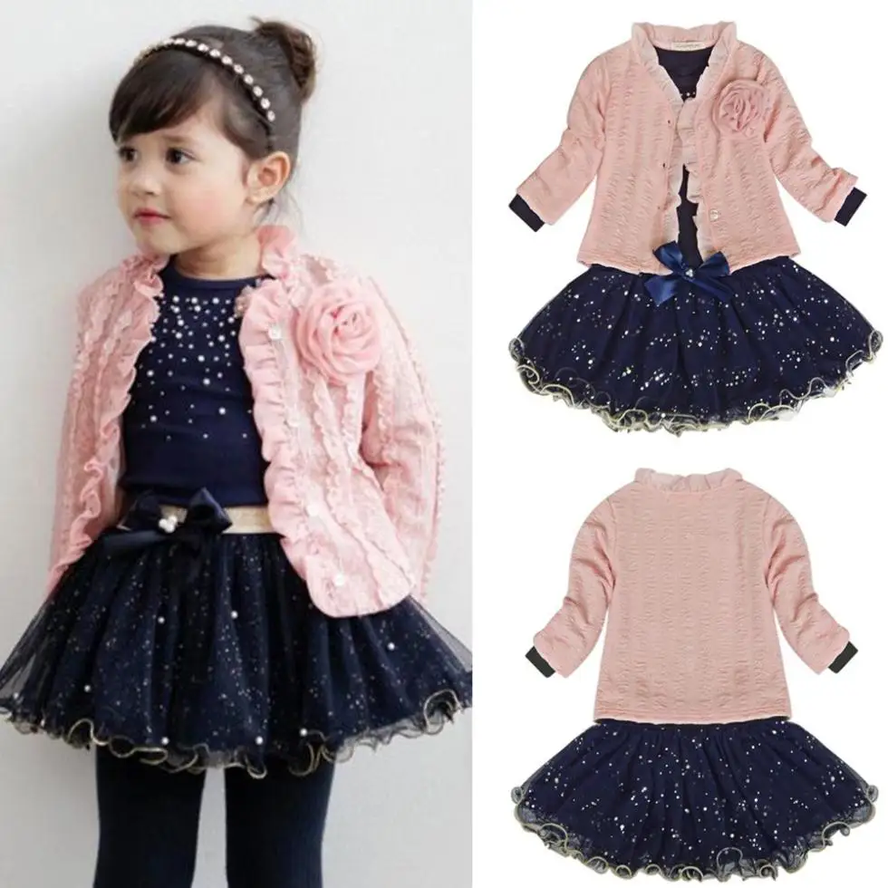 3pcs Autumn Winter Baby Kids Girl Princess Clothes Set Coat+T-shirt+Skirt Dress Tutu Outfits Children Party Suit Free ship | Детская