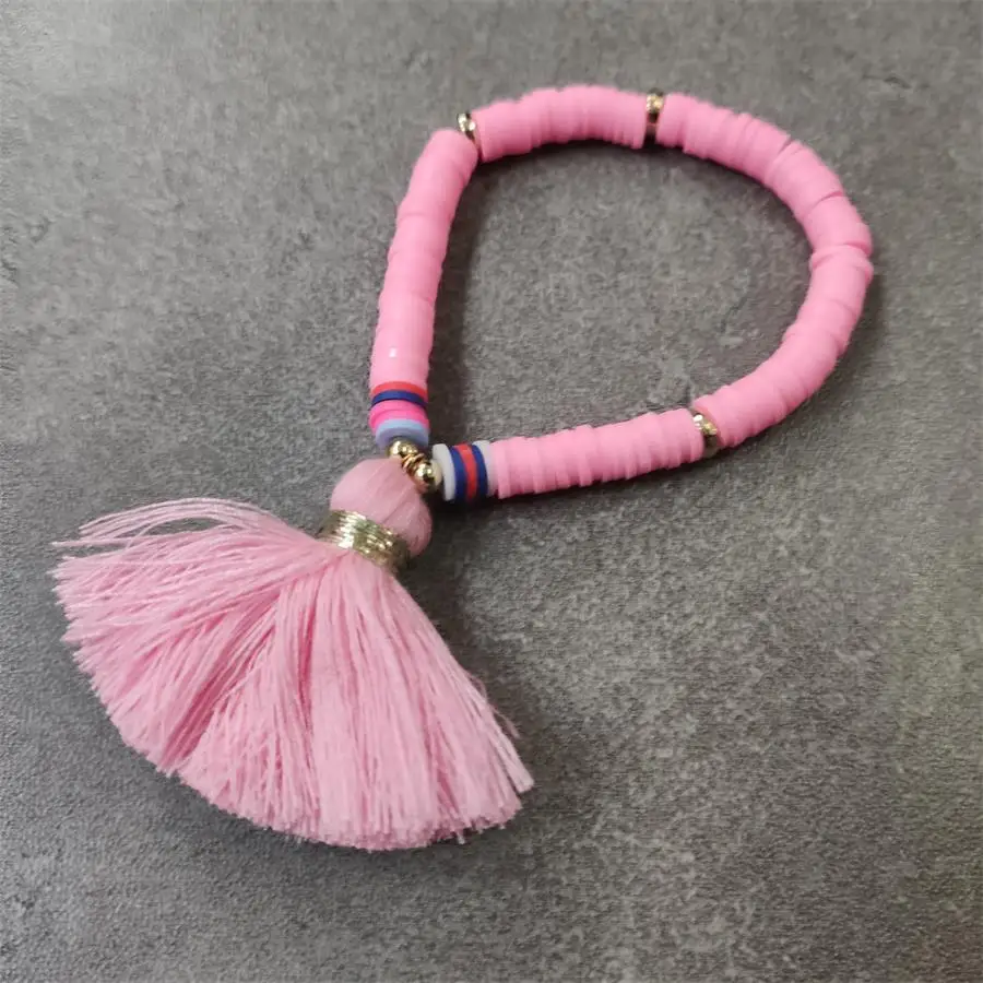 pink Новая мода резиновое покрытие эластичный браслет из бусин с красочными большими кисточками для женщин Летний пляж призвание ювелирные изделия - Окраска металла: pink