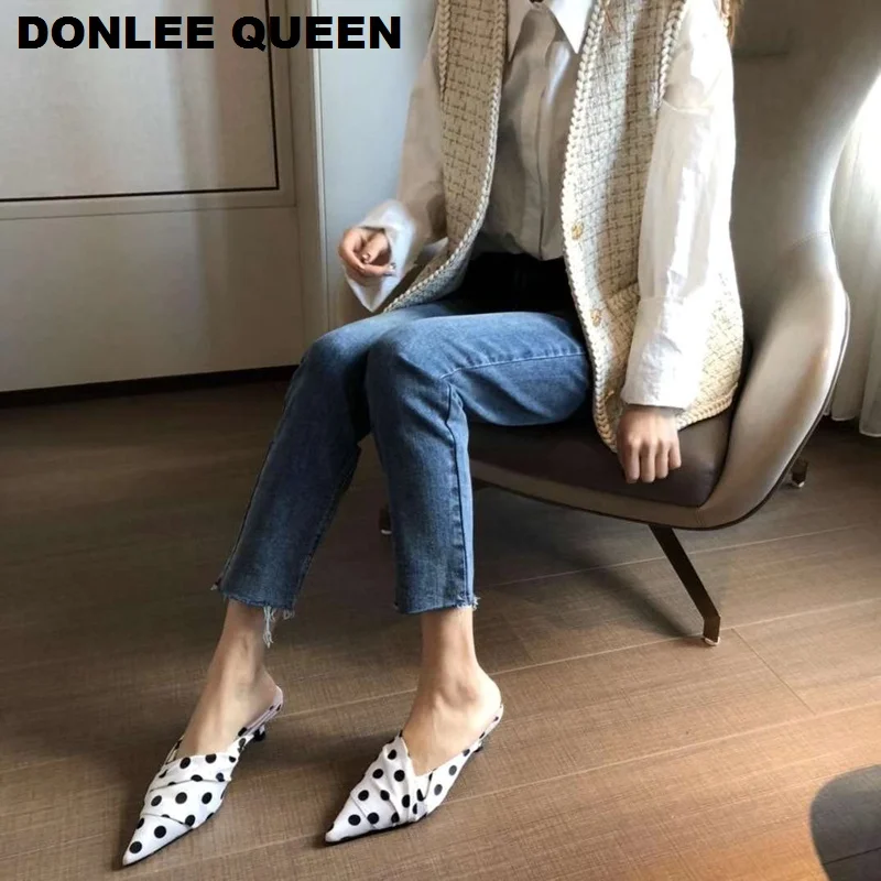 Шлепанцы женские в горошек брендовые Дизайнерские летние туфли шлепанцы с