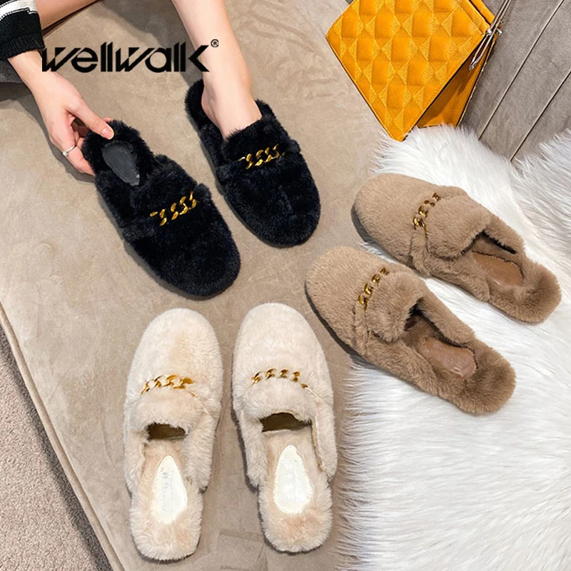 Шикарные меховые тапочки на цепочке для женщин домашняя пушистая обувь плоской