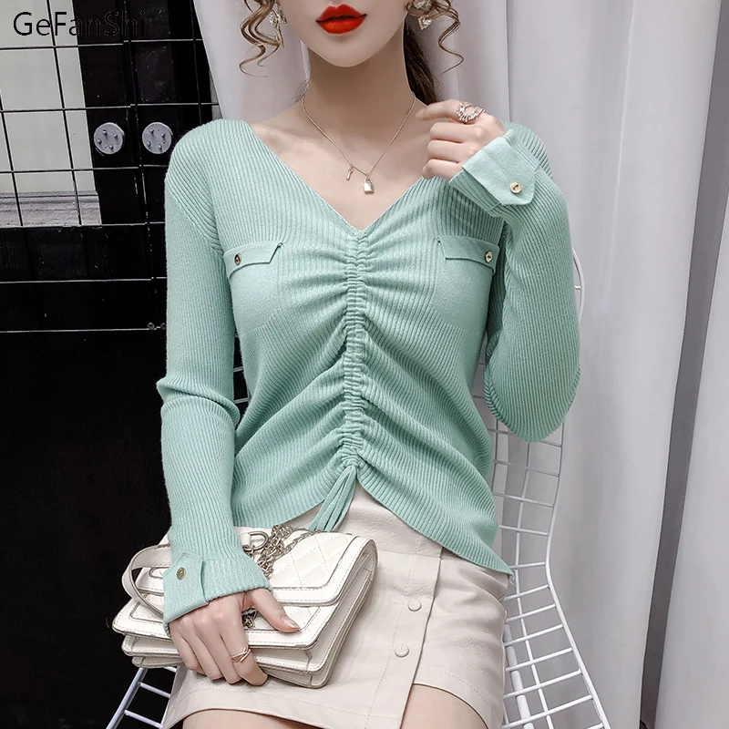 

2021 New Autumn Winter Sweater Pullover Solid Female Korean Drawstring Casual Women Sweaters Elegant Fashion Knitting Tops