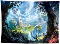Fantasy World Landscape Cartoon Castle Tapestry Green Magic Forest Mushroom Myth Art Family Room Dormitory