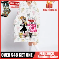 lazy cat 3d printed oversized hooded wearable blanket hoodie robes sherpa pocket female man sleepwear nightdress pajamas