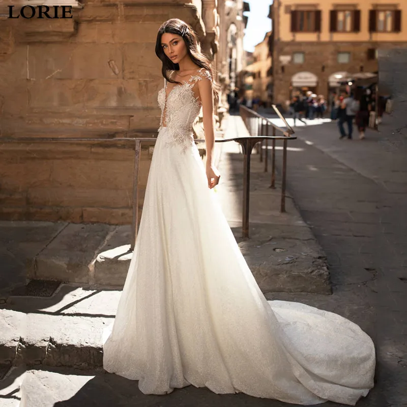 

LORIE Boho Sequins Wedding Dress A Line Beaded Lace Bride Gowns Buttons Back Vestido de novia Boho Wedding Bride Dresses