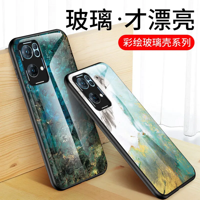 

For OPPO Reno 7 Pro Case Luxury Glass Protective Bags Marble Pattern Cover Coque Funda For OPPO Reno7